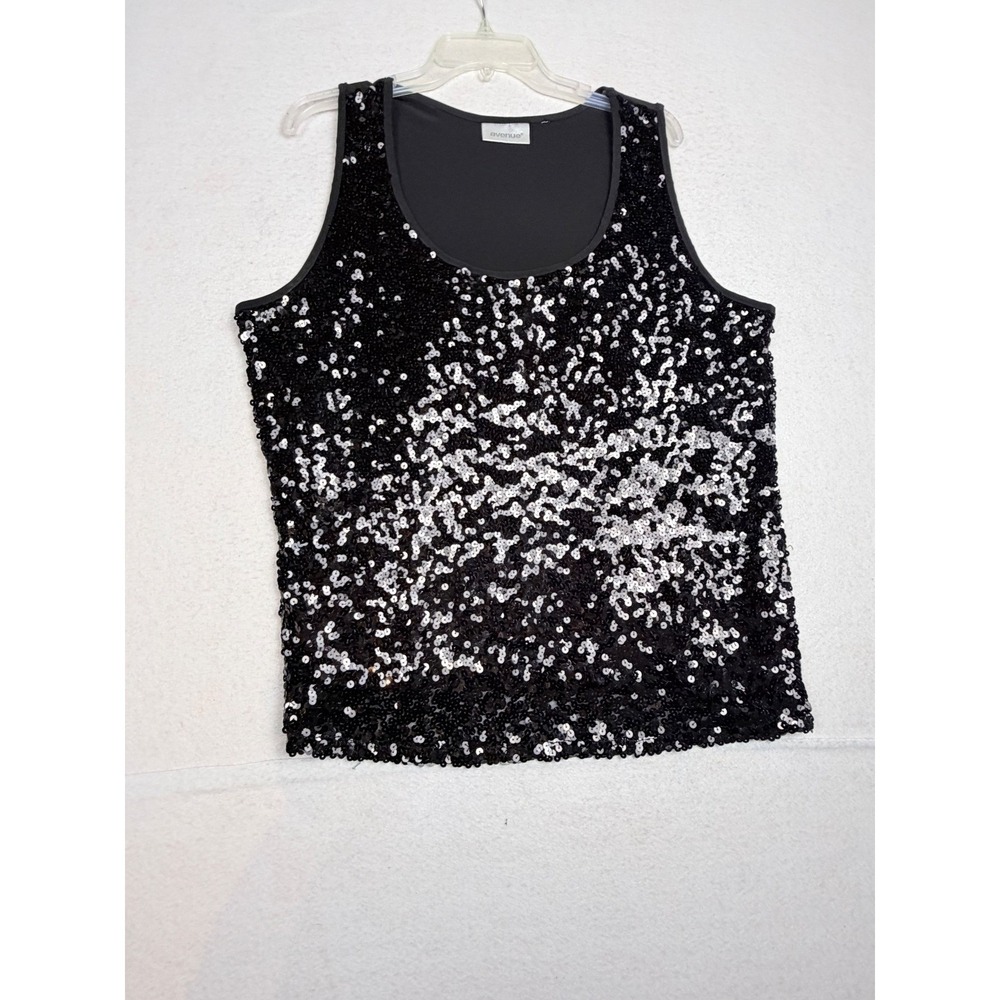 Avenue Womens Black Silver Sequin Tank Top Sleeveless Scoop Neck Party Blouse